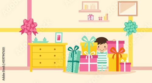 Excited Boy Surrounded With Colorfully Wrapped Gifts In Festive Room