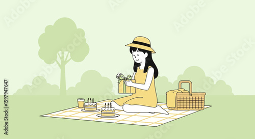 Girl Unboxing Birthday Gift At Outdoor Picnic With Cakes And Basket