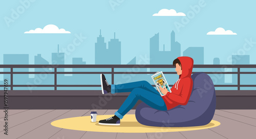 Man Reads Comic Book On Rooftop With City Skyline Silhouette Background