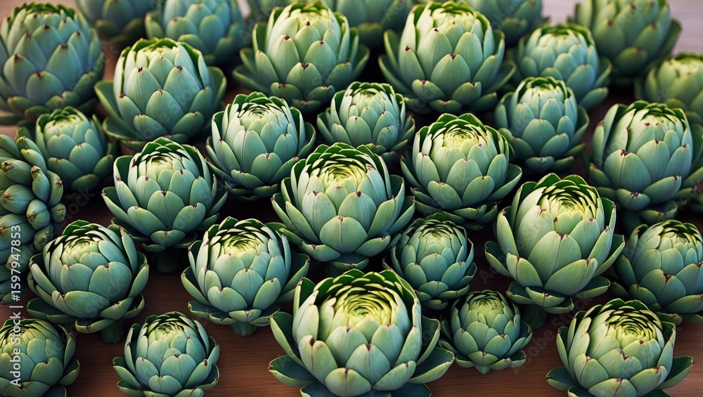 Fototapeta premium Clusters of green and blue succulent plants arranged together, showcasing their rosette shape.