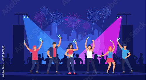 Excited Crowd Enjoying Fireworks Display During Outdoor Festival Event