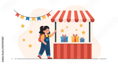 Excited Girl At Carnival Game With Colorful Decorations And Gift Box Prizes