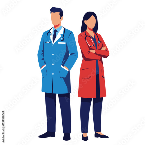 Professional Male and Female Doctors Standing with Stethoscopes - Healthcare Team Illustration