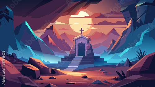 A serene landscape featuring a tomb with a cross atop, set against a mountainous backdrop at sunset