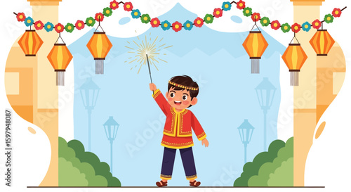 Joyful Diwali Celebration A Boy Holds Sparkler With Traditional Lanterns