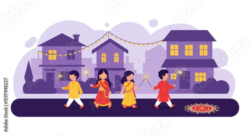 Joyful Diwali Celebration With Children Holding Sparklers In Front Of Homes