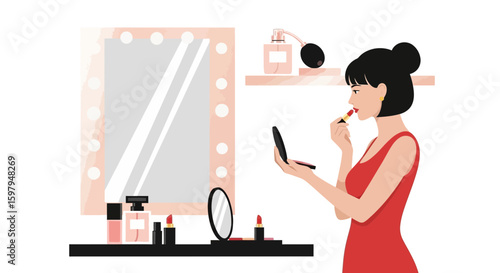 Glamorous Woman Applying Lipstick In Front Of A Vanity Mirror At Her Home