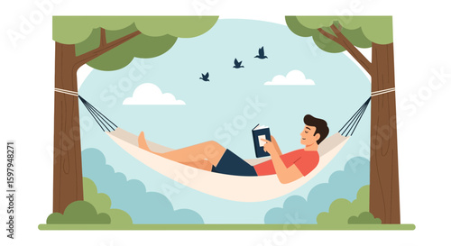 Man Relaxing In A Hammock Reading A Book Enjoying Leisure Time Nature Scene