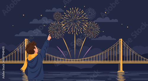 Excited Man Enjoying Fireworks Display Over a River With City Bridge