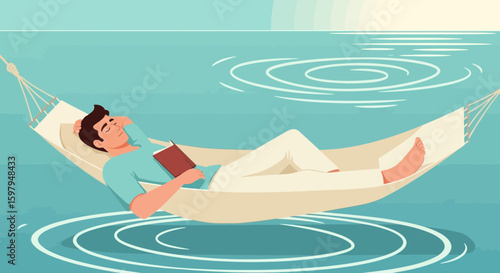 Man Relaxing In Hammock Over Water Reading Book On Vacation
