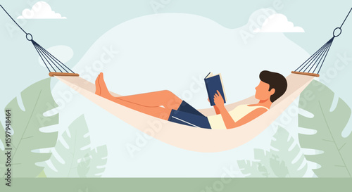 Man Relaxing In Hammock Reading A Book Under Trees On A Sunny Day