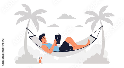 Man Relaxing In Hammock Reading About Vacation Destinations On A Tropical Beach