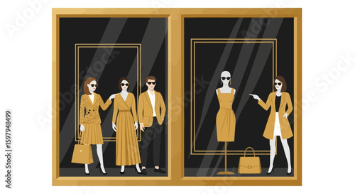 Golden Hued Fashion Window Display With Stylish Figures and Refined Aesthetics