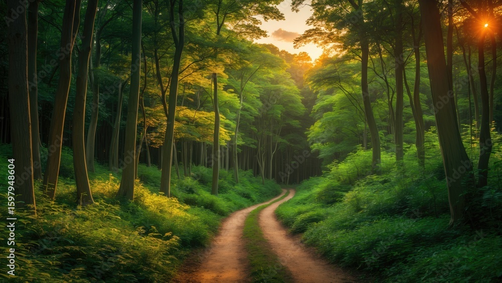 Obraz premium A forest trail at sunset with lush green trees and sunlight filtering through the leaves.