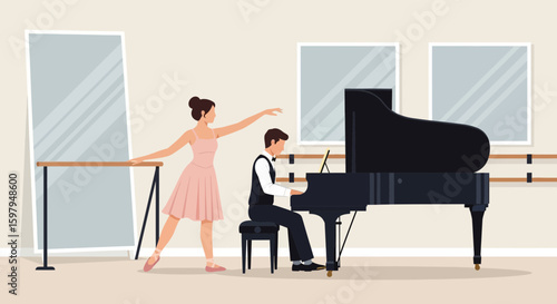 Graceful Harmony Ballerina Practicing with Pianist in Studio Setting Elegance