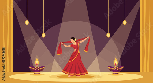 Graceful Indian Classical Dance Performance Under Stage Lights Illustration