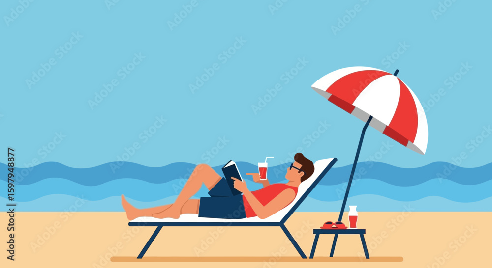 Fototapeta premium Man Relaxing On Beach Lounger Reading Book With Refreshing Drink Vacation