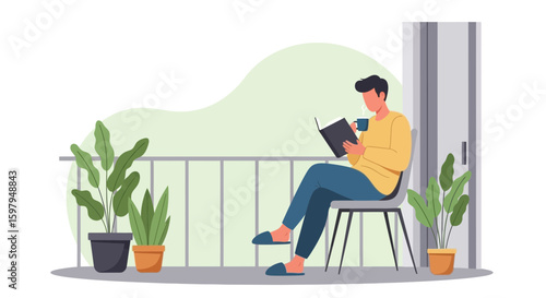 Man Relaxing On Balcony With Book And Drink In Peaceful Setting
