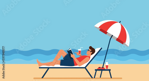 Man Relaxing On Beach Lounger Reading Book With Refreshing Drink Vacation