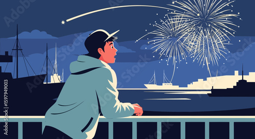 Excited Young Man Watching Fireworks Display Over City Skyline At Night