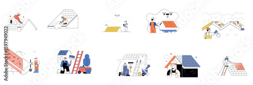 Set of Flat Outline Illustrations for Roofing, Home Maintenance, and Repair Services