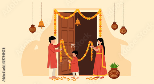 Joyful Family Celebrating Festive Occasion by Decorating Entrance with Garland
