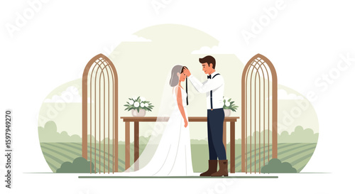 Groom And Bride On Wedding Ceremony Modern Minimalist Style Illustration