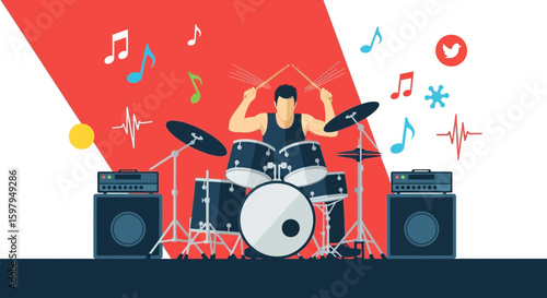 Expressive Drummer Creates Energetic Rhythms In Lively Red And White Ambiance