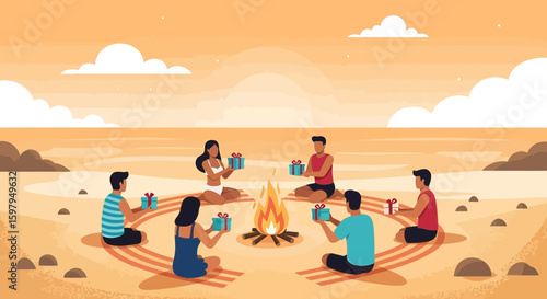 Group Of Friends Celebrating Summer Around A Bonfire With Gifts On The Beach