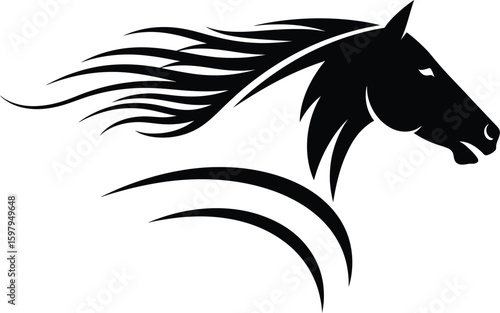Black horse head silhouette with flowing mane on a transparent background