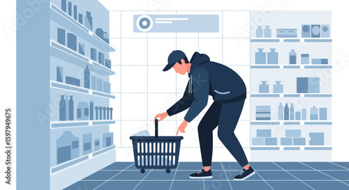 Man Shopping In A Supermarket Aisle With Basket Selecting Product