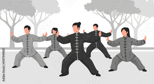 Group Practicing Tai Chi Exercises Outdoor For Wellness And Harmony