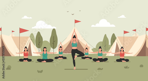 Group Yoga Class In Campground Setting Outdoors Wellness And Relaxation