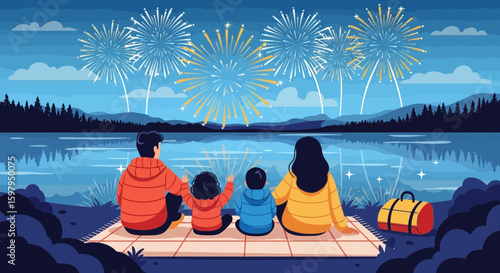 Family Celebrates Fourth Of July Fireworks Together By The Lake At Night