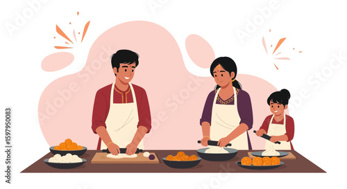 Family Celebrating Diwali By Making Traditional Sweets In The Kitchen
