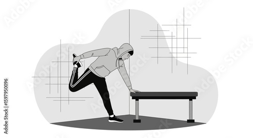 Man Stretching Quadriceps Before Exercising In Fitness Studio With Minimalist Style