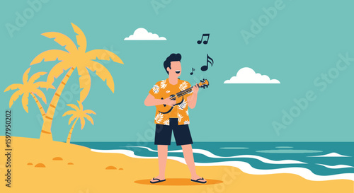 Joyful Man Playing Ukulele On Sunny Beach With Palm Trees Illustration