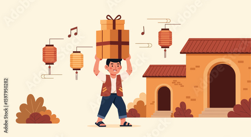 Joyful Mid Autumn Celebration With Boy Carrying Gifts And Lanterns Decoration