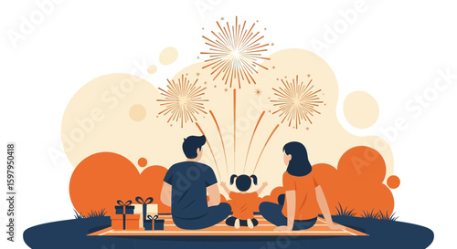Family Enjoying Fireworks Show Together On Special Occasion Illustration