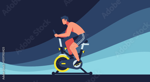Man Training On Stationary Bike For Indoor Cycling In Studio Fitness Center