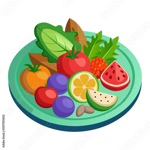 Illustration Featuring a Plate with Four Sections Containing Different Types of Food