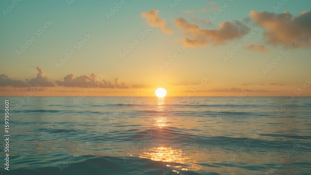 Fototapeta premium Sunset over the ocean with the sun near the horizon, reflecting on calm waters, under a partly cloudy sky.