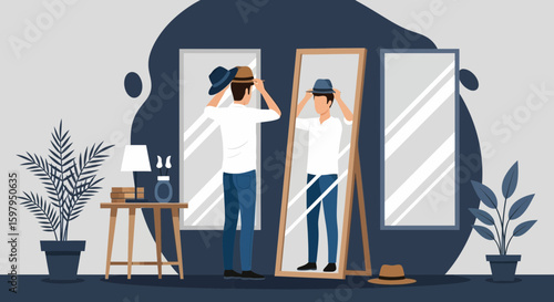 Man Tries On Hats In Front Of The Mirror Indoor Fashion Style Design