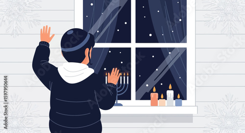 Hanukkah Celebration Boy Lighting Candles In A Snowy Winter Night Illustration