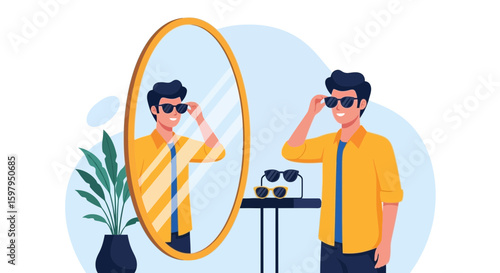 Man Tries On New Sunglasses In Front Of Oval Shape Mirror At Home