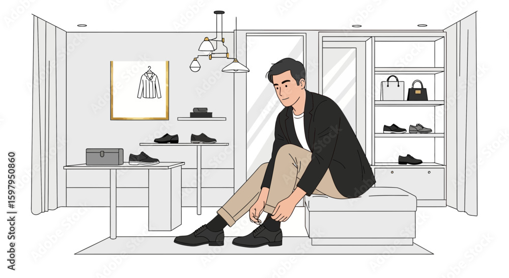 Fototapeta premium Man Tying Shoelaces At Boutique Fashion Style And Elegant Clothing Line