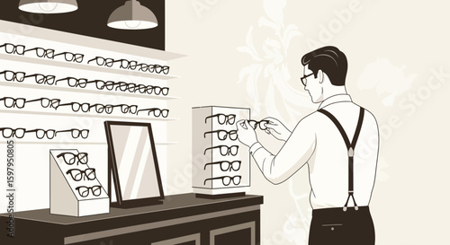 Man Trying On Eyeglasses At The Optician Shop With Many Options Showcase