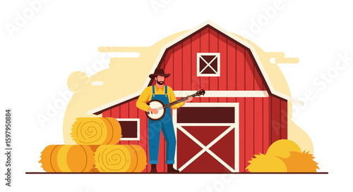 Farmer Plays Banjo Near Barn And Haystacks At Farm Country Lifestyle