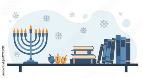 Hanukkah Celebration Still Life Depicting Holiday Traditions With Menorah And Dreidels