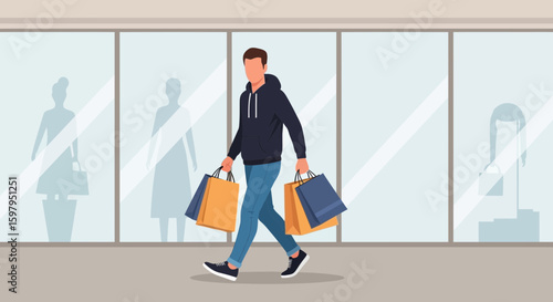 Man Walking With Shopping Bags After A Good Time At The Mall